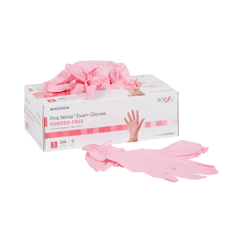 Exam Glove McKesson Pink Nitrile® Small 250 per Box NonSterile Nitrile Standard Cuff Length Textured Fingertips Pink Not Rated